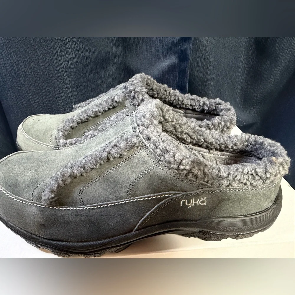 Ryka Arctica Women’s 10W Gray Suede Slip-On Winter Mules Faux Fur Lined